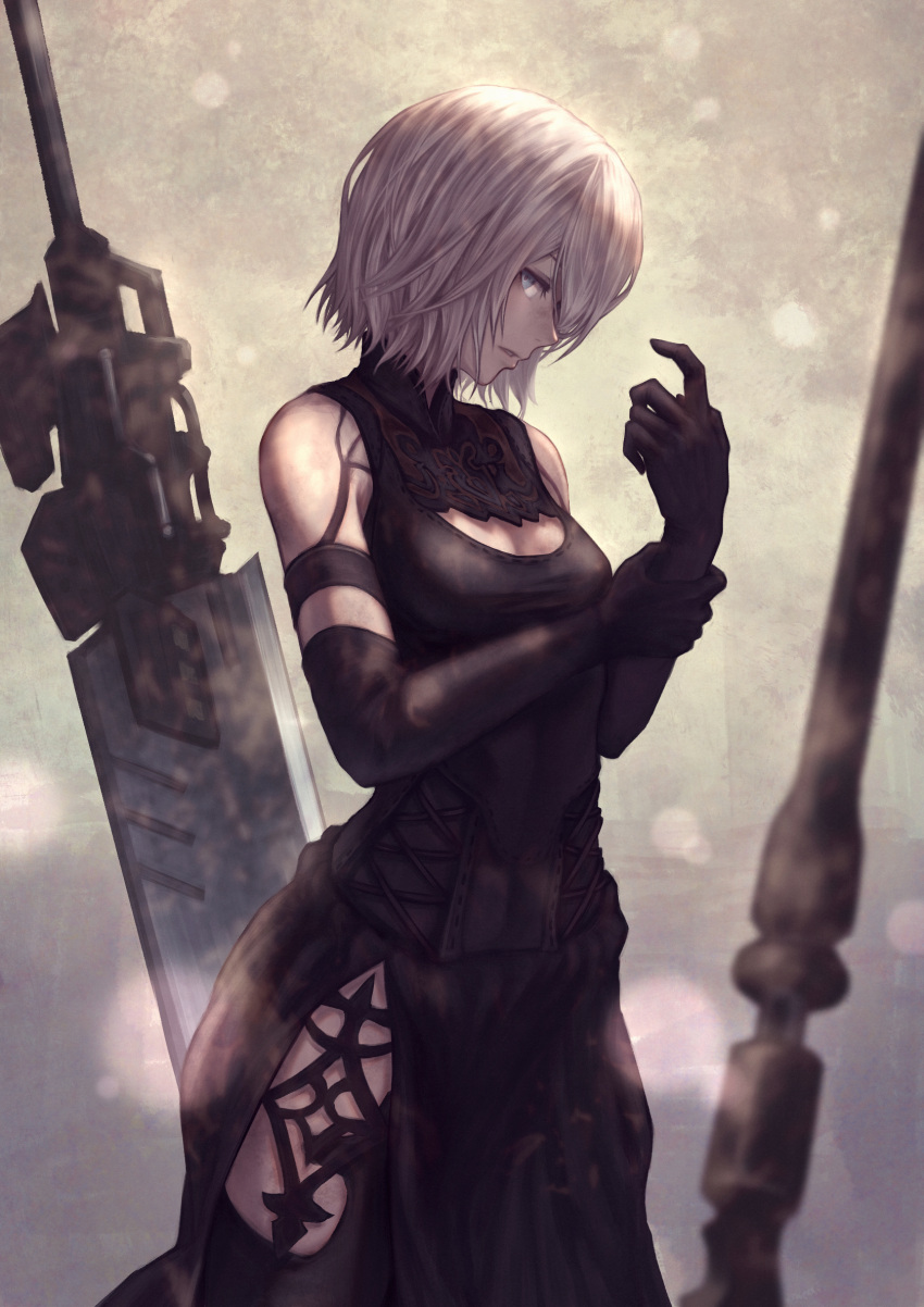 1girl adjusting_clothes adjusting_gloves android bare_shoulders black_dress black_gloves black_legwear blue_eyes breasts cowboy_shot dress elbow_gloves gloves highres looking_at_viewer medium_breasts multiple_swords nier_(series) nier_automata parted_lips pelvic_curtain robot_joints short_hair silver_hair solo standing sword thigh-highs weapon yasu_(segawahiroyasu) yorha_type_a_no._2