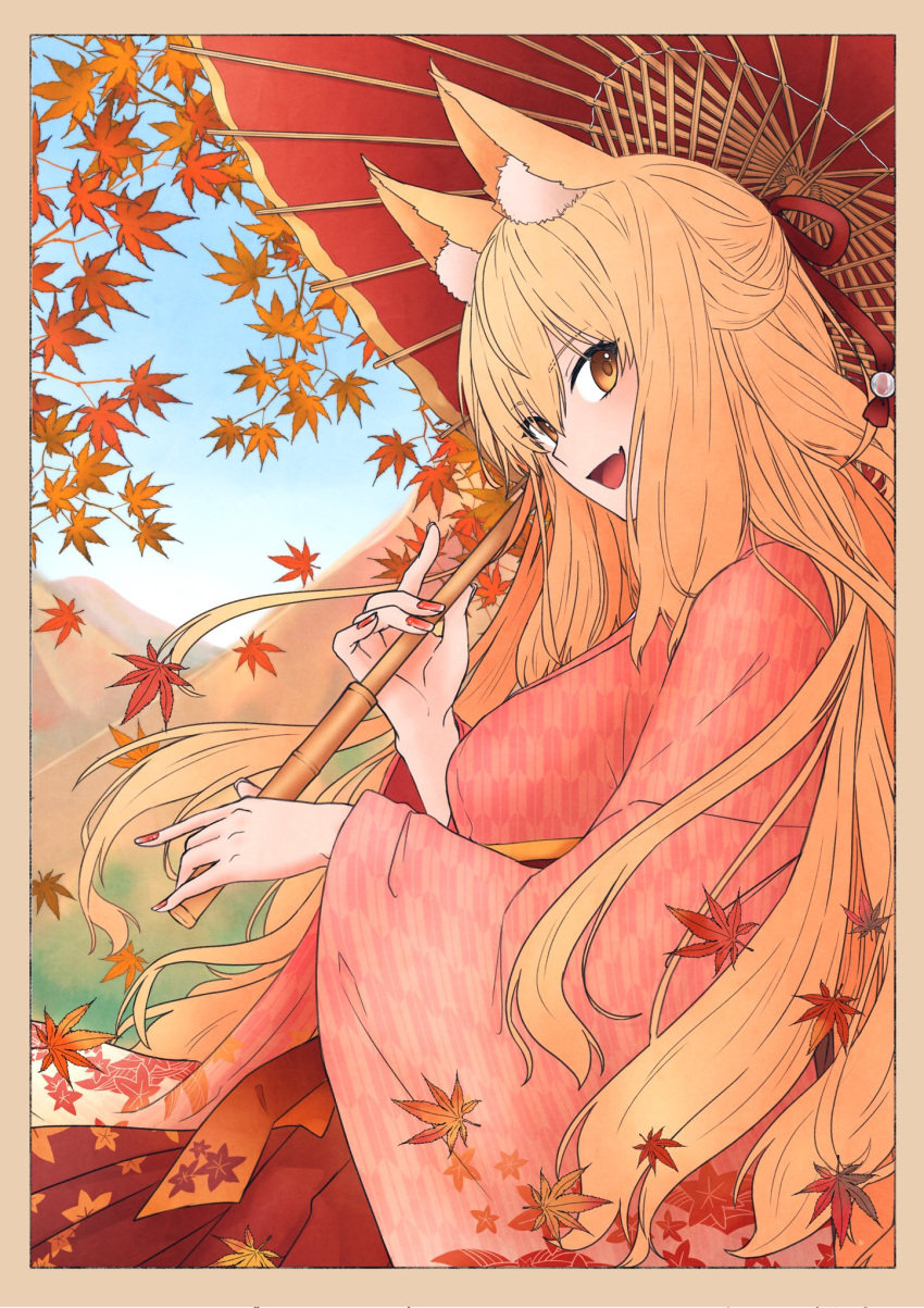 1girl animal_ears autumn_leaves fate/extra fate/extra_ccc fate/extra_ccc_fox_tail fate_(series) fox_ears highres japanese_clothes kimono long_hair nail_polish orange_eyes orange_hair purutera suzuka_gozen_(fate) umbrella