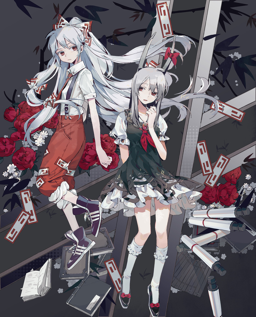 2girls black_footwear book bow branch breasts brooch collared_shirt cross-laced_footwear dress ex-keine floating_hair flower frilled_dress frills fujiwara_no_mokou full_body grey_background hair_bow highres horn_bow horns jewelry kamishirasawa_keine kneehighs long_hair looking_at_another looking_to_the_side medium_breasts multiple_girls necktie ofuda open_mouth overalls pants pants_rolled_up ponytail red_eyes red_neckwear renzaoshen rose scroll shirt shoes short_dress short_sleeves silver_hair small_breasts sneakers socks straight_hair thighs touhou white_legwear white_shirt