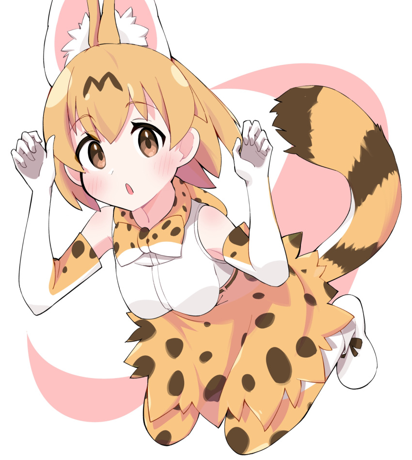 1girl animal_ears ankle_boots blonde_hair blush boots bow bowtie brown_eyes claw_pose commentary elbow_gloves eyebrows_visible_through_hair gloves high-waist_skirt highres kemono_friends looking_at_viewer miniskirt open_mouth print_gloves print_legwear print_neckwear print_skirt serval_(kemono_friends) serval_ears serval_print serval_tail shirt short_hair skirt sleeveless sleeveless_shirt solo squatting tail takosuke0624 thigh-highs white_footwear white_gloves white_shirt yellow_legwear yellow_neckwear yellow_skirt