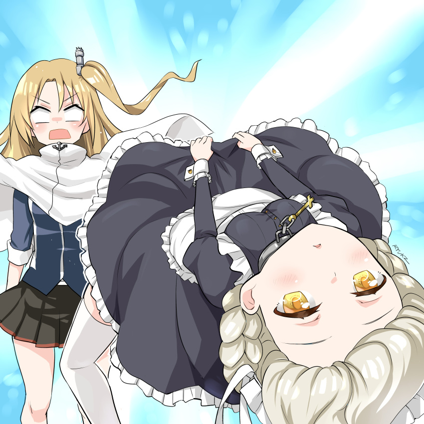 2girls absurdres apron azur_lane bangs black_dress black_skirt blonde_hair blue_shirt braid breasts chain cleveland_(azur_lane) cloak commentary_request dress eyebrows_visible_through_hair frilled_apron frilled_dress frills grey_hair hair_between_eyes hair_ornament highres juliet_sleeves leaning_back long_hair long_sleeves maid maid_apron medium_breasts multiple_girls one_side_up open_mouth parted_bangs parted_lips pleated_skirt puffy_sleeves ryuki_(ryukisukune) sheffield_(azur_lane) shirt short_sleeves skirt thigh-highs v-shaped_eyebrows white_apron white_cloak white_legwear yellow_eyes