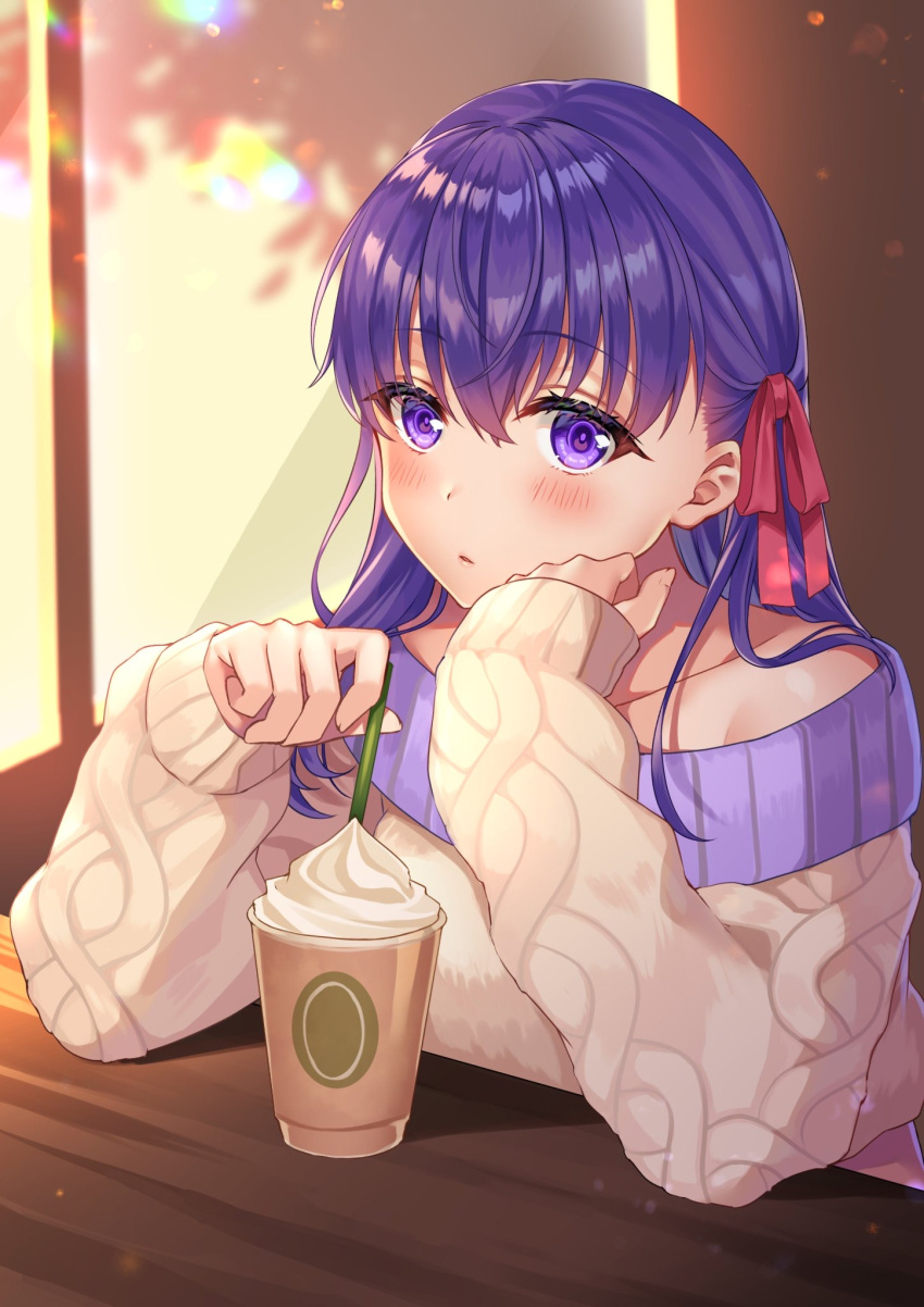 1girl :o bangs brand_name_imitation cup disposable_cup drinking_straw fate/stay_night fate_(series) hair_ribbon head_rest heaven's_feel highres hizuki_higure long_hair long_sleeves looking_at_viewer matou_sakura off-shoulder_sweater off_shoulder purple_hair red_ribbon ribbon sleeves_past_wrists solo sweater upper_body violet_eyes whipped_cream