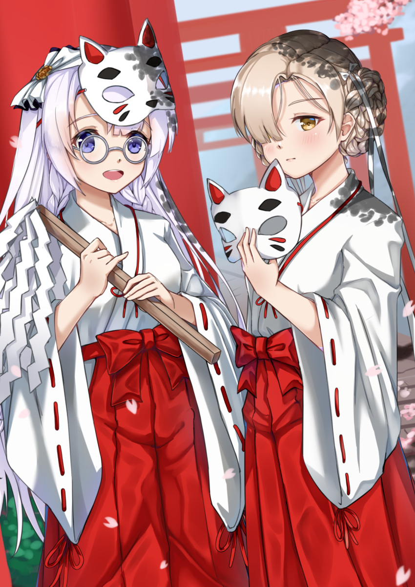 :d as4gi azur_lane blonde_hair bow braid cat_mask closed_mouth commentary day edinburgh_(azur_lane) feet_out_of_frame glasses gohei grey-framed_eyewear hair_bow hair_over_one_eye hair_ribbon hakama highres holding holding_mask japanese_clothes kimono long_hair long_sleeves mask mask_on_head mask_removed open_mouth outdoors petals pink_hair red_bow red_hakama ribbon ribbon-trimmed_sleeves ribbon_trim round_eyewear sheffield_(azur_lane) short_hair smile standing torii twin_braids very_long_hair violet_eyes white_bow white_kimono white_ribbon wide_sleeves yellow_eyes