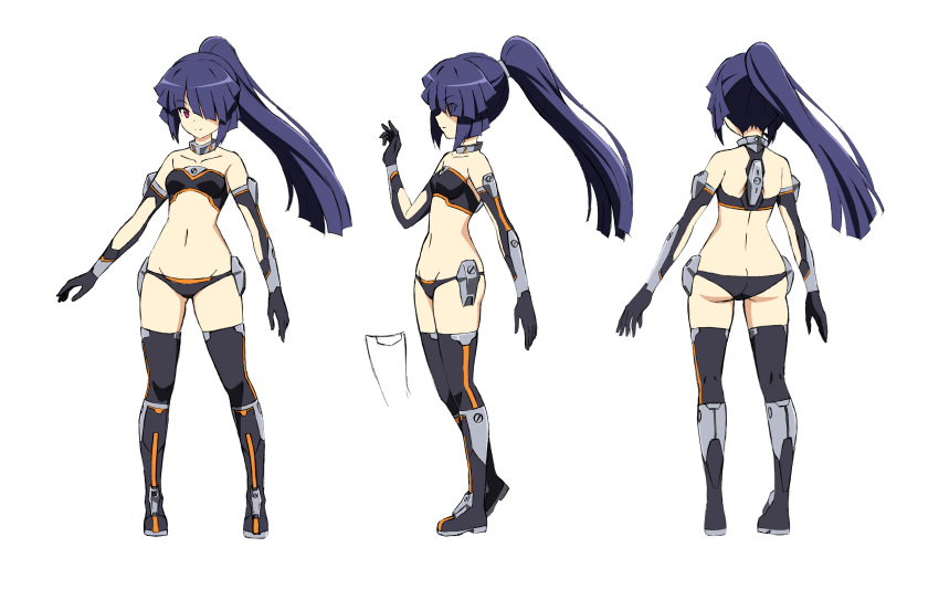 1girl absurdres bikini black_gloves black_legwear breasts collage commentary_request dual_wielding full_body gloves hair_over_one_eye high_ponytail highres holding kumichou_(ef65-1118-ef81-95) long_hair looking_at_viewer lowleg mecha_musume medium_breasts navel original pink_eyes purple_hair shadow solo swimsuit thigh-highs very_long_hair white_background