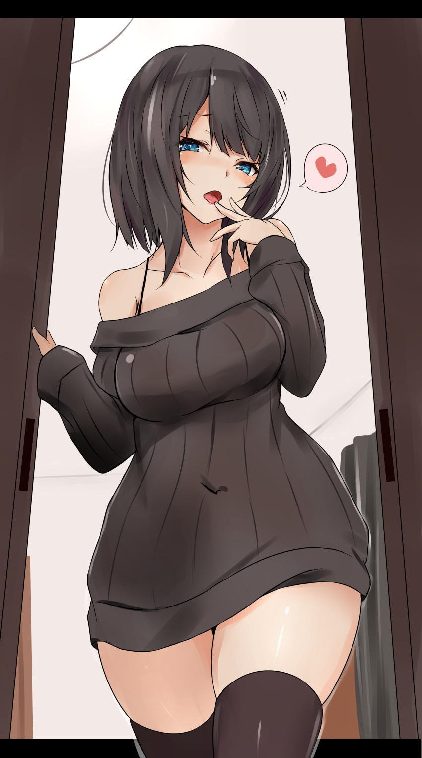 1girl absurdres black_hair black_legwear blue_eyes blush bra_strap breasts commentary_request dress finger_to_mouth from_below heart heart-shaped_pupils highres large_breasts letterboxed looking_at_viewer medium_breasts open_mouth original ribbed_dress saku_(kudrove) solo spoken_heart symbol-shaped_pupils thigh-highs tongue tongue_out