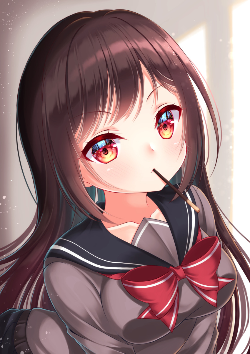 1girl bangs black_sailor_collar black_skirt blush bow breasts brown_hair brown_shirt closed_mouth collarbone commentary_request eyebrows_visible_through_hair food food_in_mouth highres long_hair looking_at_viewer medium_breasts mirai_(happy-floral) original pleated_skirt pocky pocky_day red_bow red_eyes sailor_collar school_uniform serafuku shirt skirt solo very_long_hair