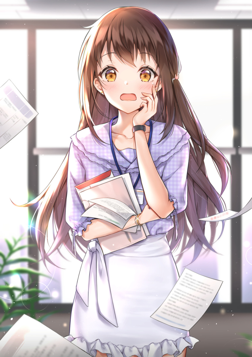 1girl bangle bangs blue_shirt blurry blurry_background blush bracelet brown_hair checkered checkered_shirt commentary_request cowboy_shot cuna_(qunya) depth_of_field earrings envelope eyebrows_visible_through_hair glint hand_on_own_cheek highres id_card indoors jewelry lens_flare long_hair looking_at_viewer office_lady one_side_up original paper ringed_eyes shirt short_sleeves skirt solo stud_earrings tareme unmoving_pattern white_skirt yellow_eyes