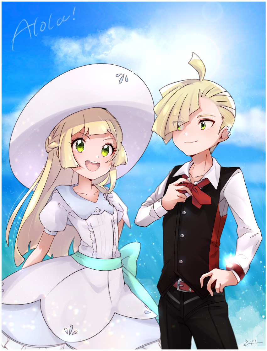 1boy 1girl absurdres belt black_vest blonde_hair blue_sky bow bowtie brother_and_sister closed_mouth clouds day dress eyes_visible_through_hair g_y_k gladio_(pokemon) green_eyes hair_over_one_eye hat highres lillie_(pokemon) long_hair long_sleeves open_mouth pokemon pokemon_(anime) pokemon_sm_(anime) short_hair short_sleeves siblings sky sun_hat vest white_dress white_headwear