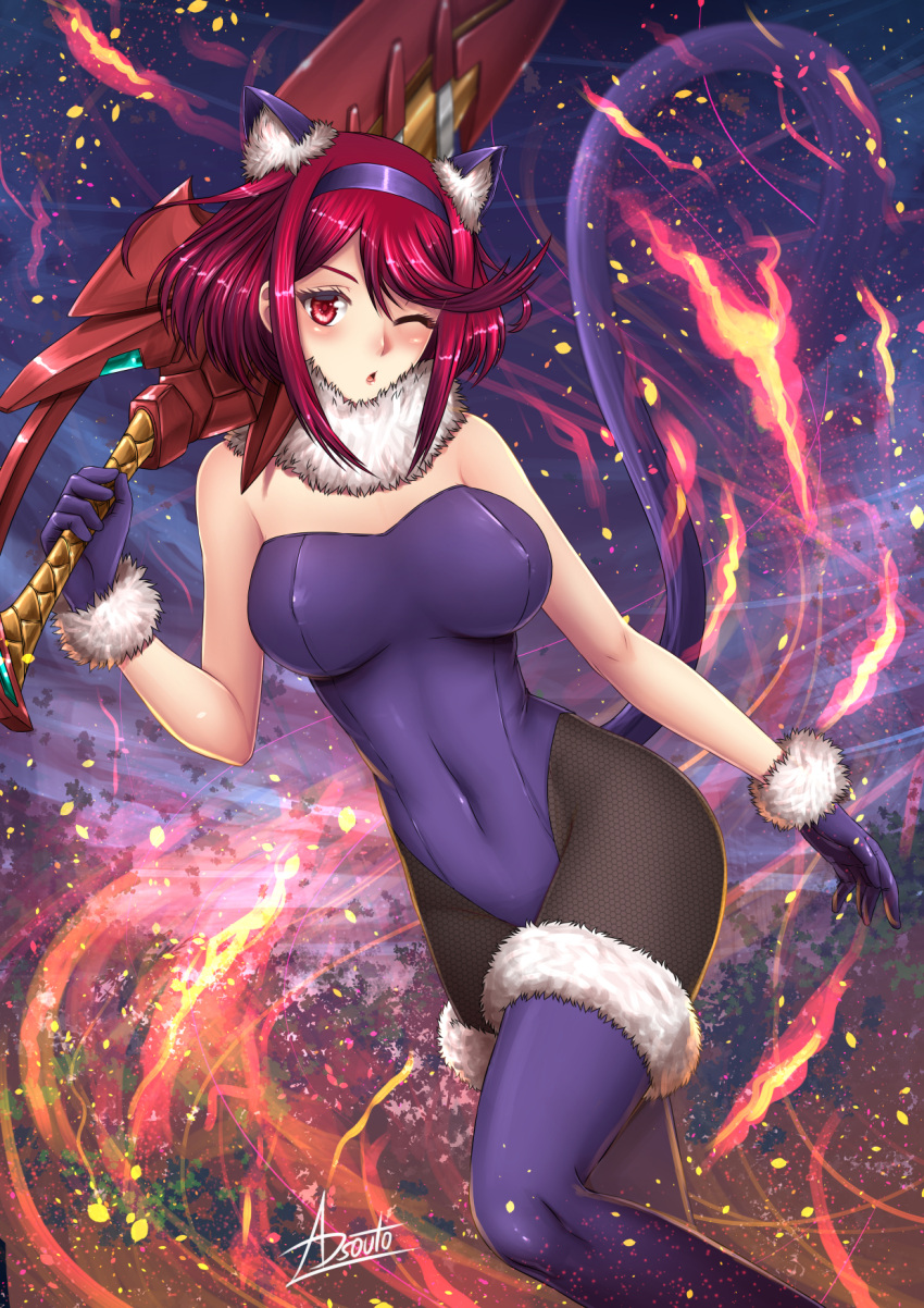 1girl adsouto animal_ears bangs blush breasts cat_ears cat_girl cat_tail gloves highres holding holding_sword holding_weapon pyra_(xenoblade) large_breasts looking_at_viewer purple_gloves purple_legwear red_eyes redhead short_hair swept_bangs sword tail tiara weapon xenoblade_(series) xenoblade_2