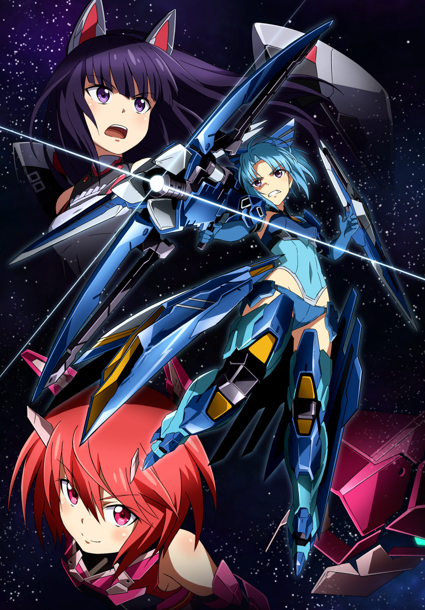 3girls absurdres agatsuma_kaede alice_gear_aegis bare_shoulders blue_hair clenched_teeth collage commentary_request covered_navel gun highres hime_cut himukai_rin leotard long_hair looking_at_another looking_at_viewer mecha_musume mechanical_ears multiple_girls open_mouth pink_eyes redhead short_hair space star_(sky) takanashi_rei teeth violet_eyes weapon