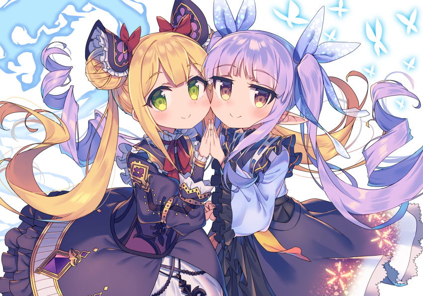 2girls bangs black_dress black_skirt blonde_hair blue_kimono blue_ribbon blush brown_eyes closed_mouth commentary_request crossover dress eyebrows_visible_through_hair frilled_dress frilled_sleeves frills green_eyes hair_ribbon hands_together highres hikawa_kyoka japanese_clothes juliet_sleeves kimono long_sleeves looking_at_viewer luna_(shadowverse) multiple_girls neck_ribbon pleated_skirt princess_connect! princess_connect!_re:dive puffy_sleeves purple_hair red_ribbon ribbon ringlets shadowverse skirt smile twintails wagashi928 wide_sleeves