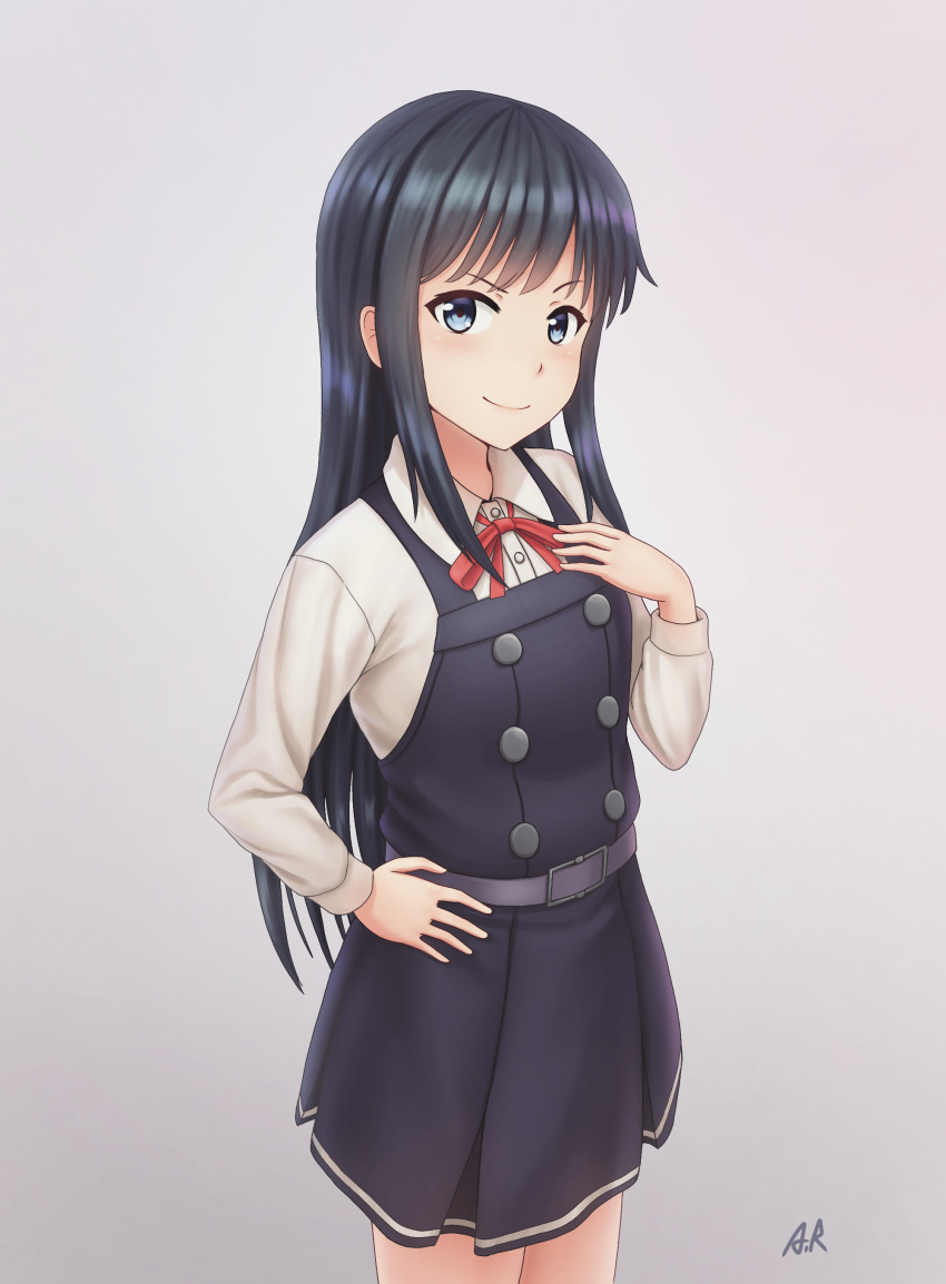 1girl a_rokhman absurdres asashio_(kantai_collection) belt black_hair blue_eyes breasts collared_shirt cowboy_shot dress eyebrows_visible_through_hair gradient gradient_background grey_background hair_between_eyes hand_on_hip hand_on_own_chest highres kantai_collection long_hair long_sleeves looking_at_viewer neck_ribbon no_legwear pinafore_dress red_ribbon remodel_(kantai_collection) ribbon shirt signature small_breasts smile solo standing white_shirt
