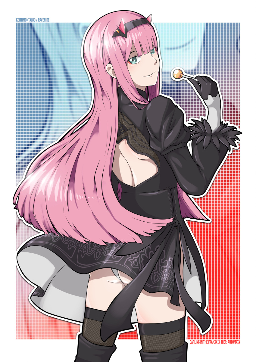 1girl absurdres artist_name back_cutout black_dress black_hairband black_headwear boots copyright_name cosplay darling_in_the_franxx dress english_commentary feather-trimmed_sleeves gloves green_eyes hairband high_heel_boots high_heels highres holding_candy juliet_sleeves leather leather_boots leotard long_sleeves looking_back nier_(series) nier_automata oni_horns pink_hair puffy_sleeves ravenide red_horns smile solo straight_hair thigh-highs thigh_boots thighhighs_under_boots vambraces white_leotard yorha_no._2_type_b yorha_no._2_type_b_(cosplay) zero_two_(darling_in_the_franxx) zoom_layer