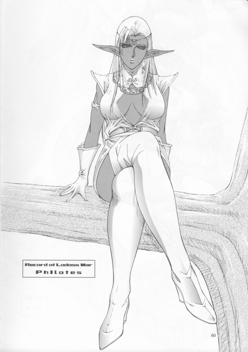boots breasts cleavage cleavage_cutout dark_elf dark_skin elf gloves highres in_tree jewelry long_hair lucretia monochrome necklace pirotess pointy_ears record_of_lodoss_war sitting sitting_in_tree thigh_boots thighhighs tree