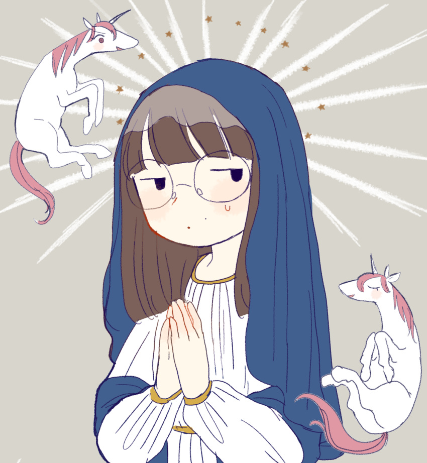 1girl blunt_bangs christianity emuko_(ikkakujuu_wa_tsuranukanai) glasses highres ikkakujuu_wa_tsuranukanai ikuta_semi long_hair mole round_eyewear simple_background uni_(ikkakujuu_wa_tsuranukanai) unicorn upper_body