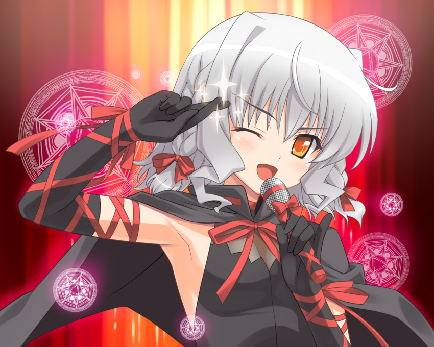 armpits bell_zephyr braid cape crossed_fingers elbow_gloves fingers_crossed gloves heptagram macross macross_frontier magic_circle microphone night_wizard parody pinky_out raised_pinky ribbon ribbons short_hair silver_hair sparkle twin_braids wink