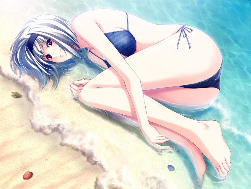 barefoot beach bikini feet fetal_position hairband highres leg_hug lying ocean on_side primitive_link red_eyes sand seashell shell short_hair side-tie_bikini sione solo submerged sugina_miki swimsuit wallpaper water white_hair