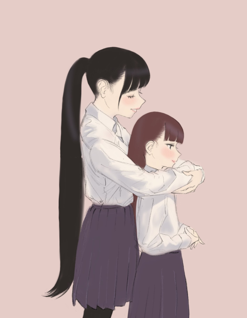 2girls bangs black_hair blunt_bangs blush brown_hair character_request closed_eyes commentary_request flat_chest height_difference highres hiramedousa hug hug_from_behind long_hair multiple_girls nose_blush original very_long_hair yuri