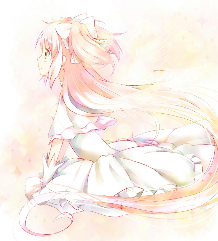 1girl absurdly_long_hair arms_at_sides blurry blush bokeh breasts choker closed_mouth depth_of_field dress expressionless eyebrows_visible_through_hair frilled_dress frills from_side gloves goddess_madoka gradient gradient_background hair_ribbon highres kaname_madoka long_hair looking_away mahou_shoujo_madoka_magica mirin orange_background pink_background pink_hair profile ribbon see-through shiny shiny_hair sidelocks simple_background small_breasts solo sparkle sparkling_eyes straight_hair two_side_up upper_body v_arms very_long_hair white_background white_choker white_dress white_gloves white_neckwear white_ribbon wide_sleeves wings yellow_background yellow_eyes