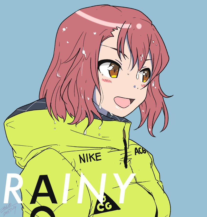 1girl artist_name blue_background brown_eyes casual commentary_request dated english_commentary english_text girls_und_panzer highres hooded_coat medium_hair nike open_mouth portrait redhead rosehip signature simple_background smile solo wet wet_hair yellow_coat zono_(inokura_syuzo029)