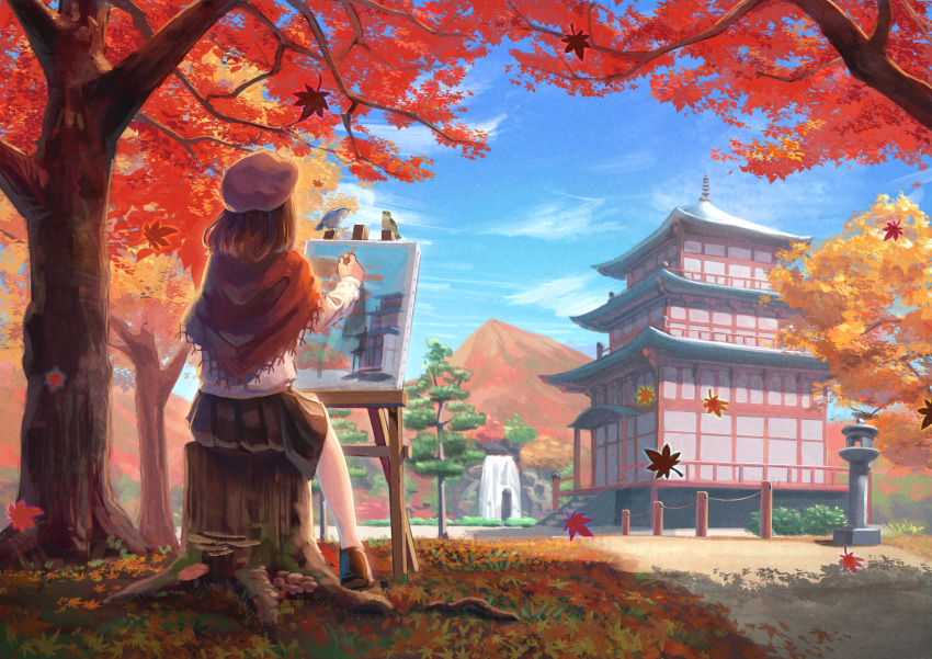 1girl autumn autumn_leaves beret bird brown_hair clouds easel from_behind hat highres kurageso leaf maple_leaf medium_hair mountain mushroom original outdoors pagoda paintbrush painting painting_(object) path pleated_skirt scenery shade shawl sitting skirt sky solo tree tree_stump water waterfall