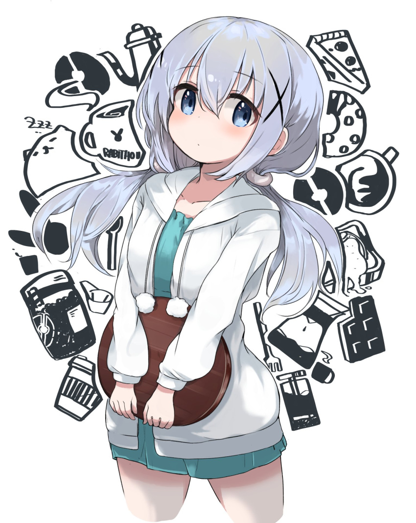 1girl angora_rabbit aqua_dress bangs blue_eyes blue_hair blush chocolate closed_mouth collarbone commentary_request cropped_legs cup drawstring dress eyebrows_visible_through_hair fork gochuumon_wa_usagi_desu_ka? hair_between_eyes hair_ornament highres holding holding_tray hood hood_down hooded_jacket houjichaoic jacket kafuu_chino long_hair long_sleeves looking_at_viewer low_twintails mug open_clothes open_jacket pom_pom_(clothes) rabbit sidelocks tippy_(gochiusa) tray twintails white_background white_jacket x_hair_ornament