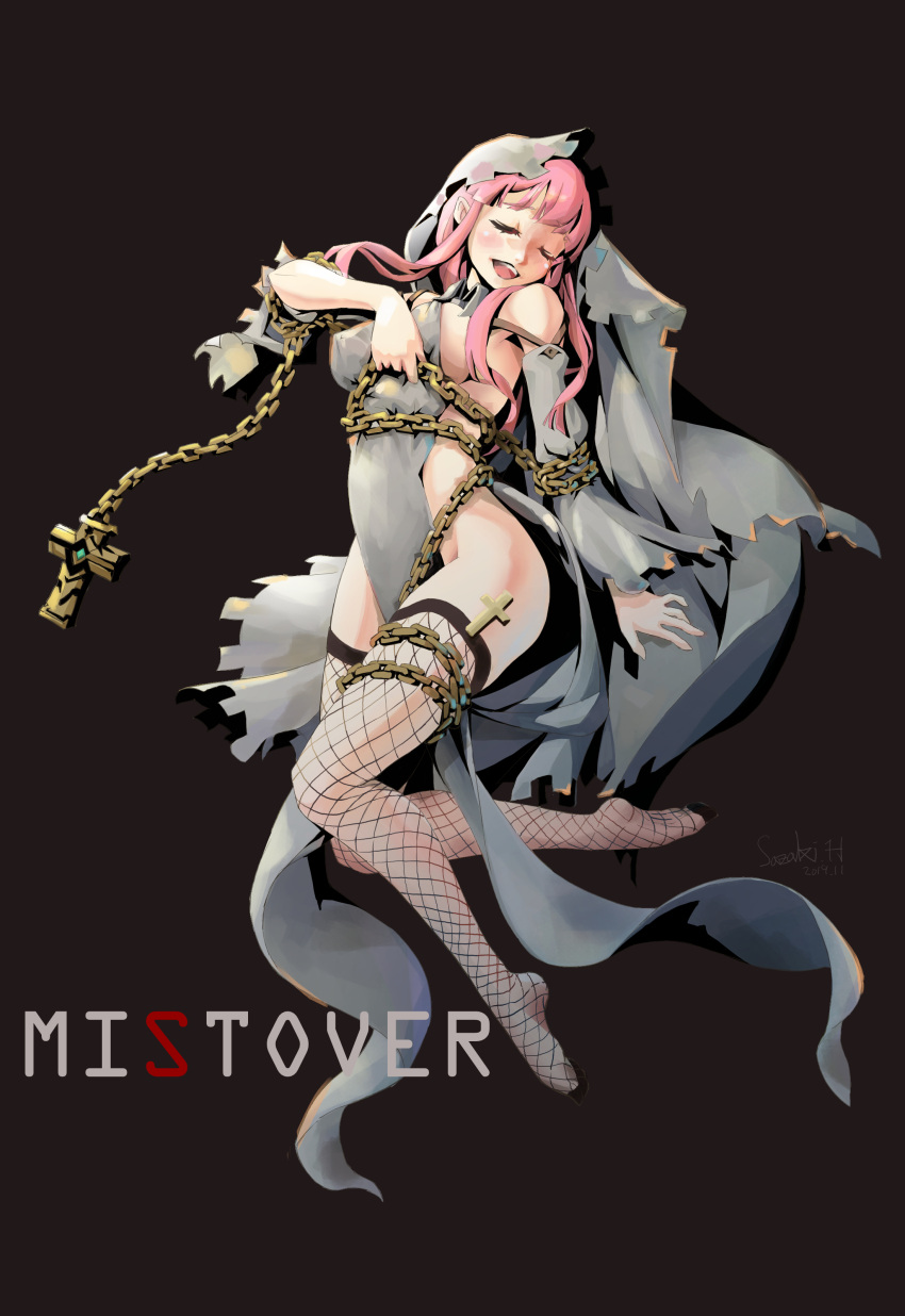 1girl absurdres artist_request bare_shoulders breasts chain closed_eyes cross detached_sleeves habit highres large_breasts mistover pink_hair sideboob sister_(mistover) solo thigh-highs