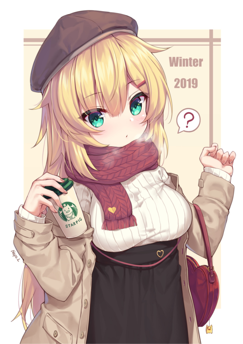 1girl 2019 ? akai_haato artist_name bag bangs beret black_skirt blonde_hair blush brand_name_imitation breasts breath brown_headwear brown_jacket brown_scarf closed_mouth coffee_cup commentary_request cup disposable_cup eyebrows_visible_through_hair fringe_trim green_eyes hair_between_eyes hands_up hat heart-shaped_bag high-waist_skirt highres holding holding_cup hololive jacket long_hair long_sleeves looking_at_viewer medium_breasts neps-l open_clothes open_jacket ribbed_sweater scarf signature skirt sleeves_past_wrists solo spoken_question_mark starbucks sweater upper_body very_long_hair virtual_youtuber white_sweater