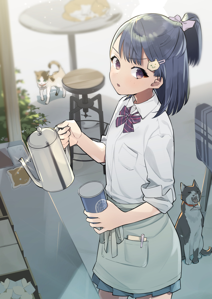 1girl absurdres animal apron blue_hair blue_skirt blurry blurry_background bow cat cat_hair_ornament coffee_mug coffee_pot collared_shirt commentary_request cup depth_of_field dress_shirt grey_apron hair_bow hair_ornament hairclip high_ponytail highres holding long_hair looking_at_viewer mug omucchan_(omutyuan) original parted_lips pink_bow pleated_skirt ponytail shirt short_sleeves skirt solo standing stool table violet_eyes waist_apron white_shirt