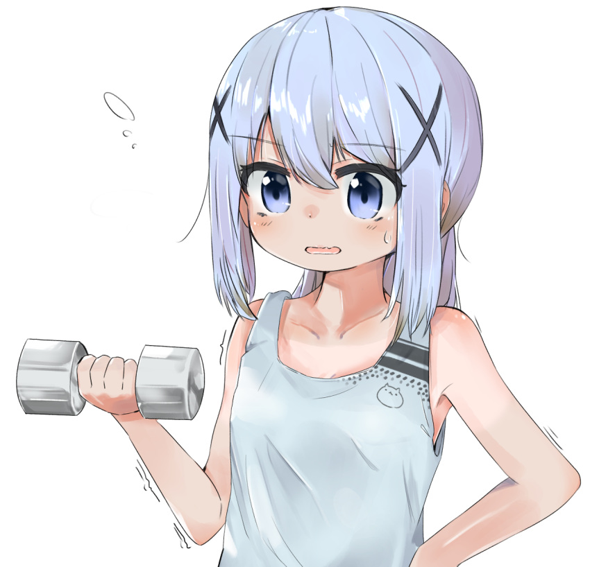 1girl bangs bare_arms bare_shoulders blue_eyes blue_hair blue_tank_top blush collarbone commentary_request dumbbell eyebrows_visible_through_hair flying_sweatdrops gochuumon_wa_usagi_desu_ka? hair_between_eyes hair_ornament highres holding houjichaoic kafuu_chino long_hair parted_lips sidelocks simple_background solo sweat tank_top tippy_(gochiusa) trembling upper_body white_background x_hair_ornament