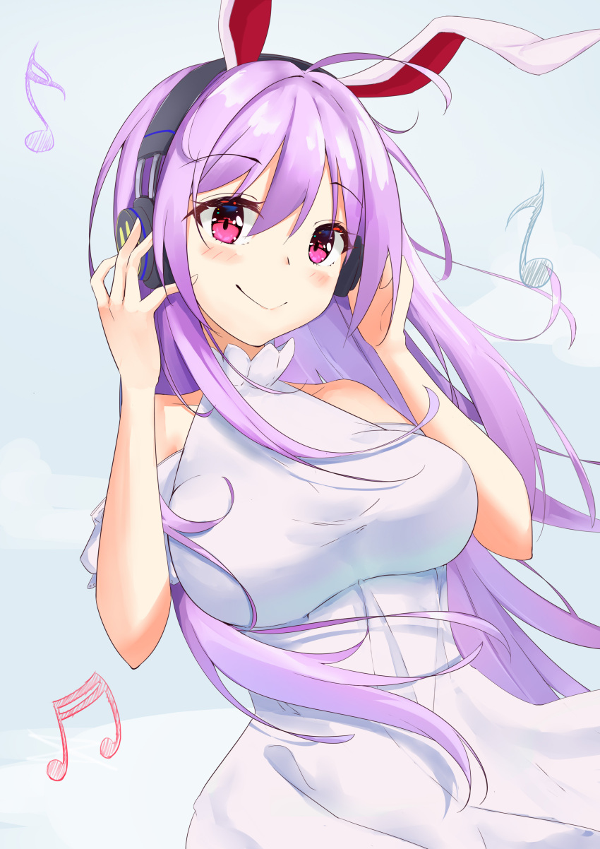 1girl absurdres ahoge alternate_costume animal_ears bangs bare_shoulders beamed_eighth_notes blue_background blush cowboy_shot dress eighth_note eyebrows_visible_through_hair hair_between_eyes hands_up headphones highres long_hair looking_at_viewer musical_note purple_hair rabbit_ears reisen_udongein_inaba shoulder_cutout sidelocks smile solo standing t-m-m touhou violet_eyes white_dress