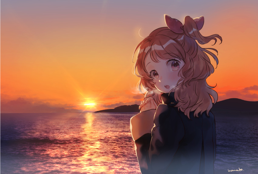 1girl :o aikatsu! aikatsu!_(series) blush bow breath brown_eyes clouds coat crescent_moon dusk eyebrows_visible_through_hair from_behind hair_bow hanako151 hill interlocked_fingers long_hair looking_at_viewer looking_back moon ocean one_side_up oozora_akari open_mouth orange_hair own_hands_together round_teeth scenery side_ponytail signature solo sunset teeth upper_body upper_teeth winter_clothes winter_coat