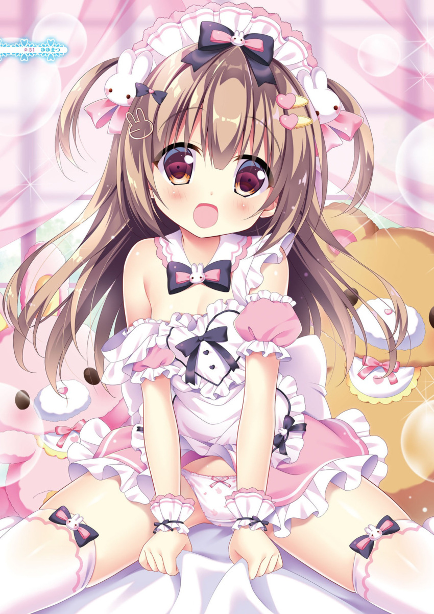 1girl :d absurdres animal_print apron bed_sheet black_bow black_neckwear blush bow bow_panties bowtie breasts brown_eyes brown_hair bunny_hair_ornament bunny_panties bunny_print collar curtains day detached_collar detached_sleeves frilled_apron frilled_skirt frilled_sleeves frills hair_bow hair_ornament hairclip heart heart_hair_ornament heart_panties heart_print highres indoors looking_at_viewer maid maid_apron maid_headdress off_shoulder open_mouth original panties pink_bow pink_skirt pink_sleeves print_panties puffy_short_sleeves puffy_sleeves sheet_grab short_sleeves sitting skirt small_breasts smile solo spread_legs stuffed_animal stuffed_bunny stuffed_toy teddy_bear thigh-highs transparent two_side_up underwear white_apron white_collar white_legwear white_panties window wrist_cuffs yuyumatsu