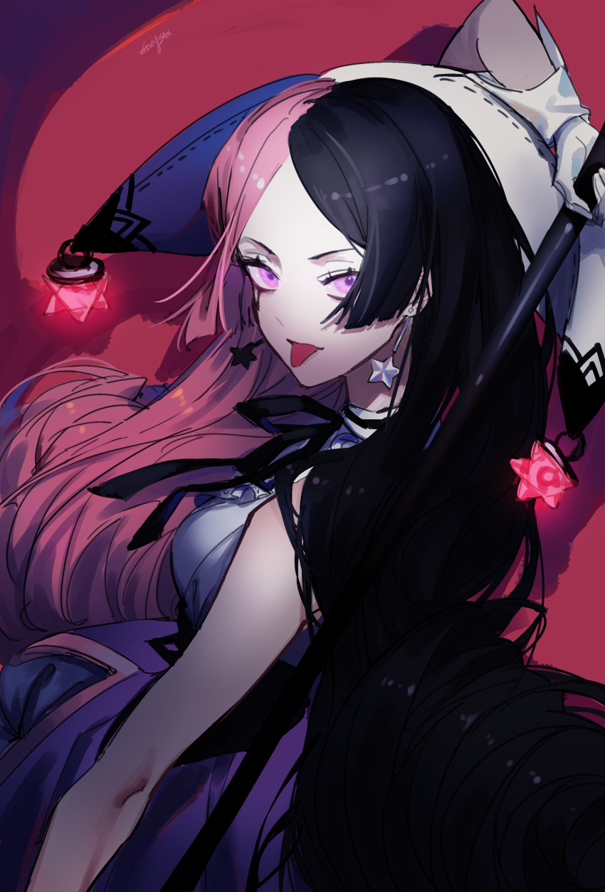 1girl :p absurdres bangs black_hair black_ribbon earrings forever_7th_capital gang_g gloves highres holding jewelry long_hair looking_at_viewer multicolored_hair parted_bangs pink_hair ribbon sidelocks solo star star_earrings tongue tongue_out two-tone_hair upper_body violet_eyes white_gloves