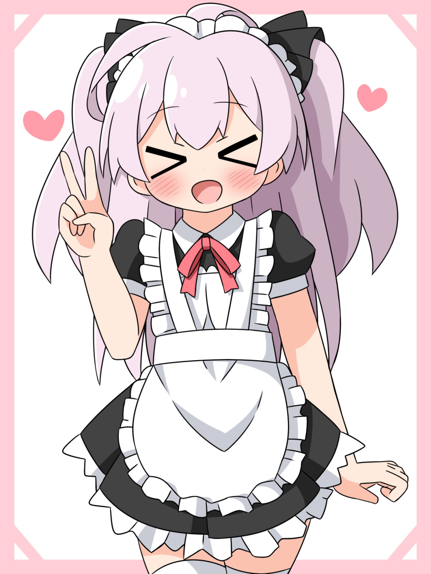 &gt;_&lt; 1girl :d apron bangs black_dress black_ribbon blush closed_eyes dress eyebrows_visible_through_hair facing_viewer frilled_apron frilled_dress frills hair_ribbon hana_kazari hand_up heart highres long_hair maid maid_apron maid_headdress mile_(noukin) neck_ribbon open_mouth pink_background pink_hair pleated_dress puffy_short_sleeves puffy_sleeves red_ribbon ribbon short_sleeves smile solo thigh-highs two-tone_background two_side_up v very_long_hair watashi_nouryoku_wa_heikinchi_de_tte_itta_yo_ne! white_apron white_background white_legwear xd