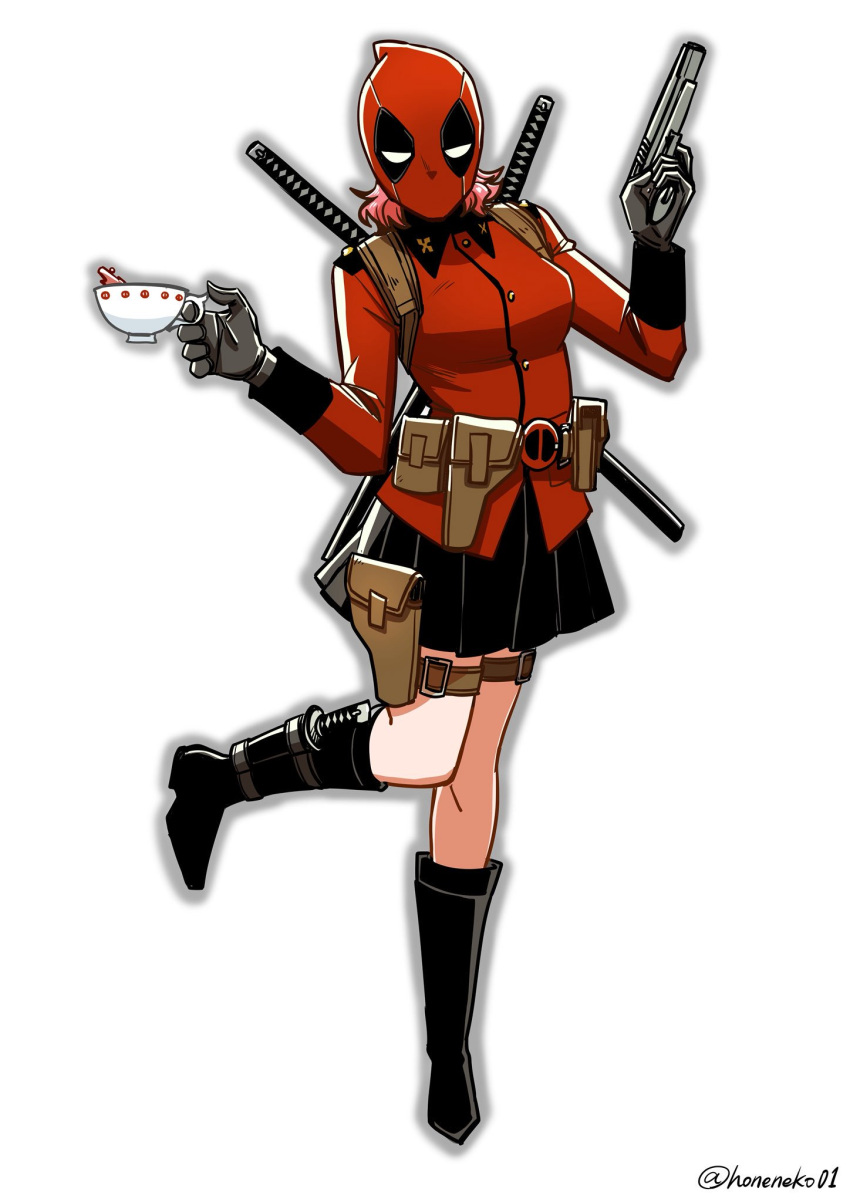 1girl belt black_footwear black_gloves black_skirt boot_knife boots commentary cosplay cup deadpool deadpool_(cosplay) epaulettes full_body girls_und_panzer gloves gun handgun highres holding holding_cup holding_gun holding_weapon hone_(honehone083) jacket katana knife leg_up long_sleeves looking_at_viewer marvel mask medium_hair military military_uniform miniskirt pleated_skirt pouch red_jacket redhead rosehip simple_background skirt solo st._gloriana's_military_uniform standing standing_on_one_leg sword sword_behind_back tea teacup thigh_pouch thigh_strap uniform utility_belt weapon white_background