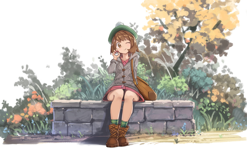 1girl ;) ankle_boots autumn bag bangs blush boots brown_eyes brown_footwear brown_hair bush cchhii3 closed_mouth commentary_request day dress eyebrows_visible_through_hair female_protagonist_(pokemon_swsh) full_body green_headwear green_legwear grey_cardigan highres holding holding_poke_ball kneehighs long_sleeves looking_at_viewer one_eye_closed outdoors pink_dress plaid plaid_legwear poke_ball poke_ball_(generic) pokemon pokemon_(game) pokemon_swsh short_hair shoulder_bag simple_background sitting smile solo tam_o'_shanter white_background