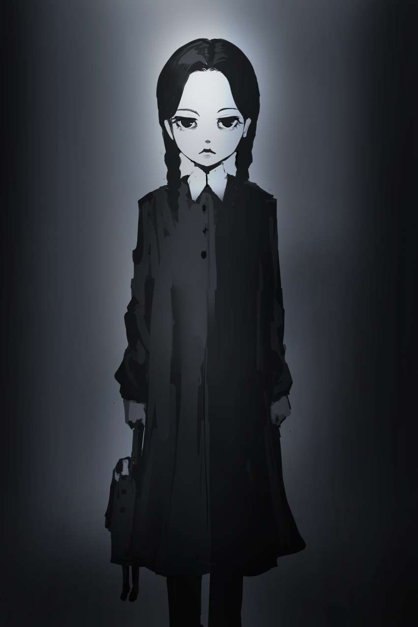 1girl absurdres addams_family animification braid doll dress expressionless grey_background greyscale hair_behind_ear highres holding holding_doll inawata looking_at_viewer medium_hair monochrome solo twin_braids wednesday_addams