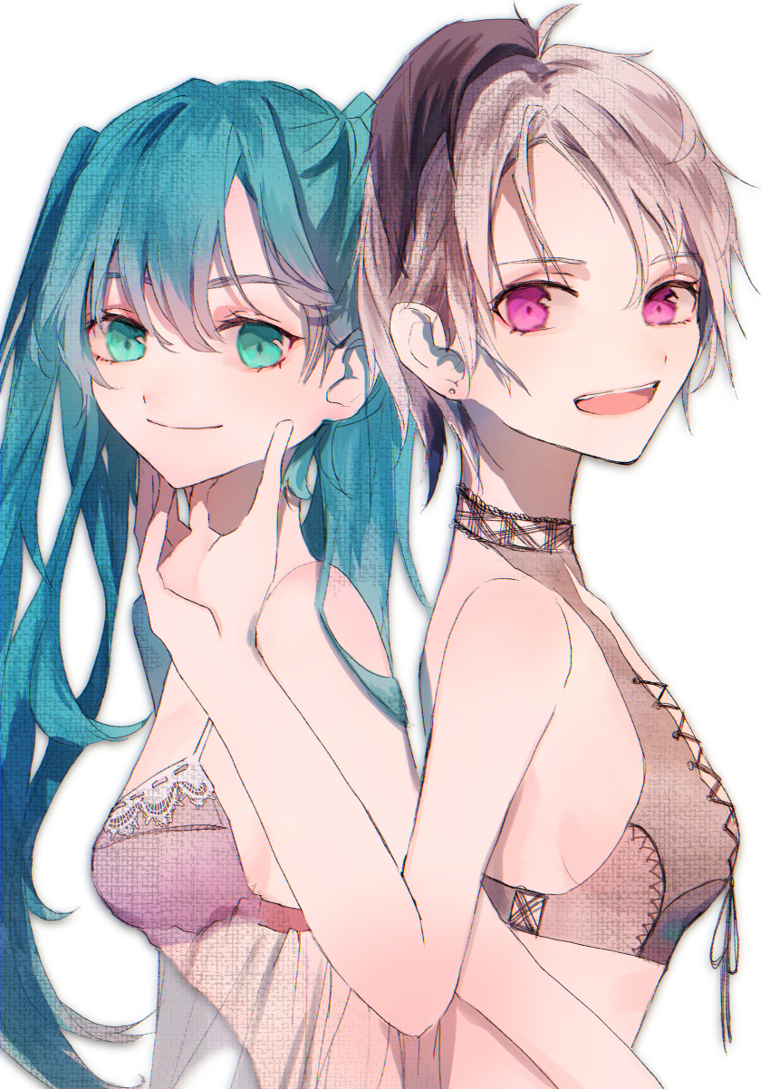 2girls absurdres aqua_eyes aqua_hair back-to-back bikini black_bikini_top closed_mouth flower_(vocaloid) hand_on_another's_chin hand_up hatsune_miku highres holding huge_filesize karanagare_4 lace_bikini long_hair looking_at_viewer multicolored_hair multiple_girls open_mouth pink_bikini_top purple_hair short_hair smile streaked_hair swimsuit twintails upper_body v_flower_(vocaloid4) violet_eyes vocaloid white_hair