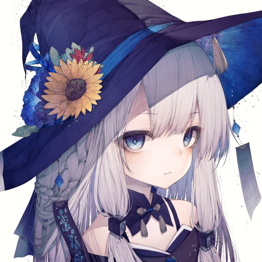 1girl bangs bare_shoulders blue_eyes blue_flower blush braid closed_mouth commentary_request detached_collar dice dice_hair_ornament dress eyebrows_visible_through_hair flower hair_between_eyes hair_ornament hat hat_flower hat_ornament hat_ribbon highres hito_komoru leaf long_hair off-shoulder_dress off_shoulder original portrait ribbon side_braid silver_hair simple_background solo sunflower tassel two_side_up white_background white_hair witch_hat