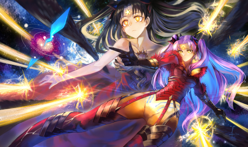 2girls black_hair bodysuit boots commentary_request energy_beam facial_mark fate/grand_order fate_(series) finger_gun floating forehead_mark galaxy glowing glowing_eyes hair_ribbon highres kito_(kito2) multiple_girls outstretched_arms pointing purple_hair ribbon space_ishtar_(fate) spread_arms star symbol-shaped_pupils twintails yellow_eyes