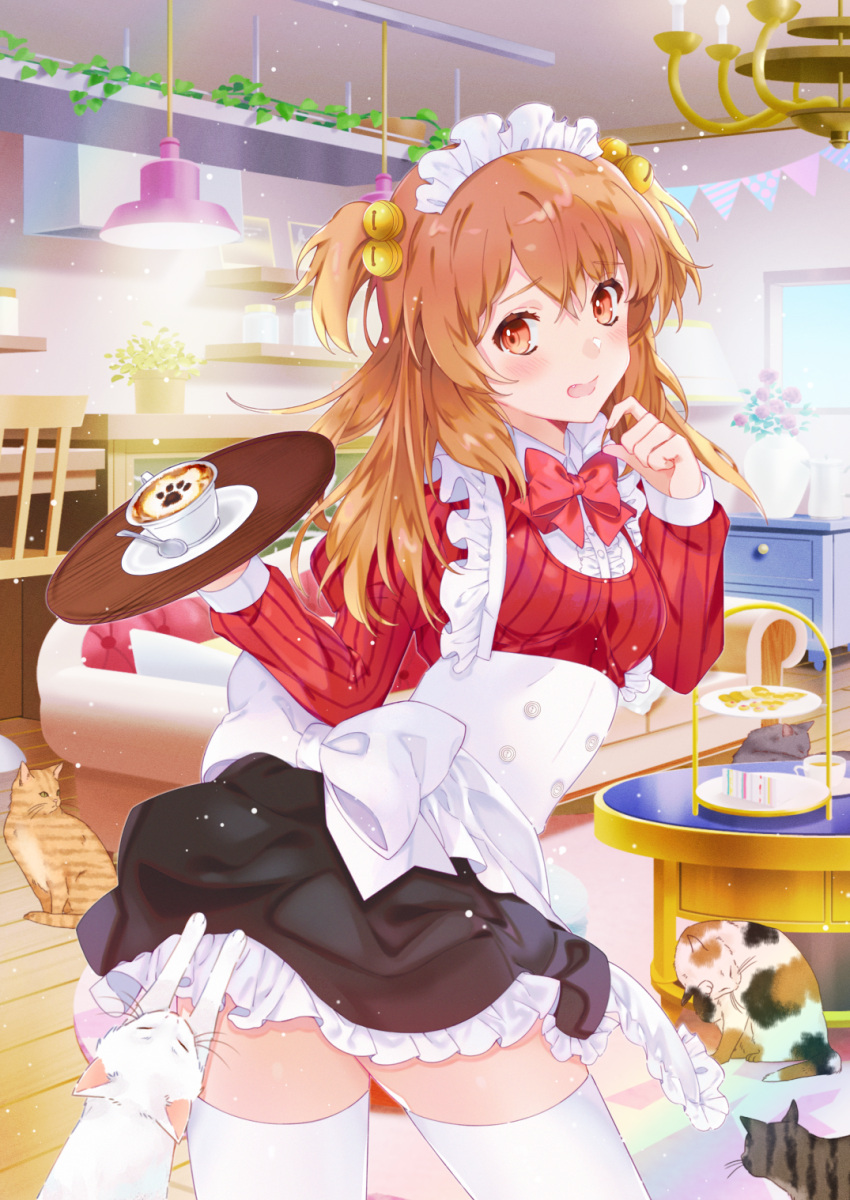 1girl :d black_skirt blush bow cat cat_cafe chair coffee_mug couch cup grey_cat highres holding holding_tray latte_art liechi light long_sleeves maid mug open_mouth original plant potted_plant red_bow red_eyes red_shirt restaurant shelf shirt skirt smile spoon standing string_of_flags striped striped_shirt thigh-highs tiered_tray tray twisted_torso vase waitress white_bow white_cat white_legwear wooden_floor