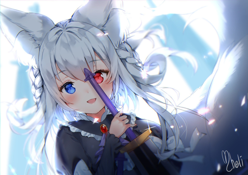 1girl :d animal_ear_fluff animal_ears bangs black_dress blue_eyes blurry blurry_background blush bow cheli_(kso1564) commentary_request depth_of_field dress dutch_angle eyebrows_visible_through_hair hair_between_eyes heterochromia holding holding_sword holding_weapon juliet_sleeves long_hair long_sleeves open_mouth original puffy_sleeves red_eyes signature silver_hair smile solo sword tail upper_body weapon white_bow