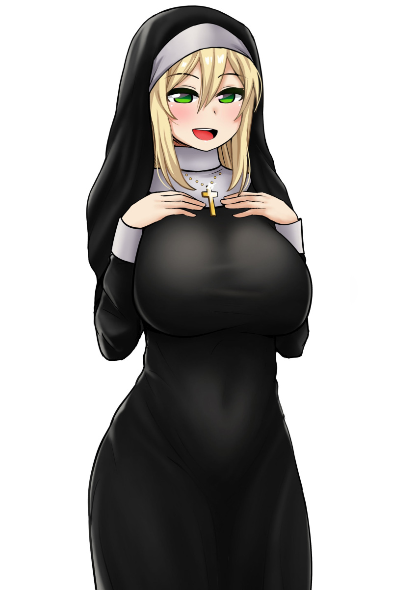 1girl absurdres black_dress blonde_hair breasts dress eyebrows_visible_through_hair green_eyes hair_ornament hand_up hands_on_own_chest highres large_breasts long_dress long_sleeves looking_at_viewer nun open_mouth original rosary sidelocks simple_background smile solo the_only_shoe