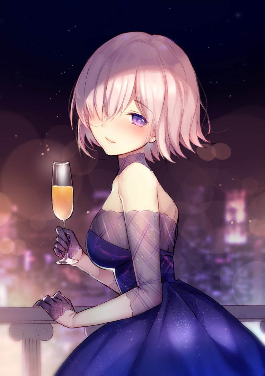 1girl bangs bare_shoulders bison_cangshu blue_dress blurry blurry_background blush breasts champagne_flute commentary_request cup depth_of_field dress drink drinking_glass earrings eyebrows_visible_through_hair fate/grand_order fate_(series) gloves grey_gloves hair_between_eyes half_gloves highres holding holding_cup jewelry large_breasts looking_at_viewer looking_to_the_side mash_kyrielight night outdoors parted_lips pink_hair pleated_dress railing short_hair smile solo strapless strapless_dress stud_earrings violet_eyes