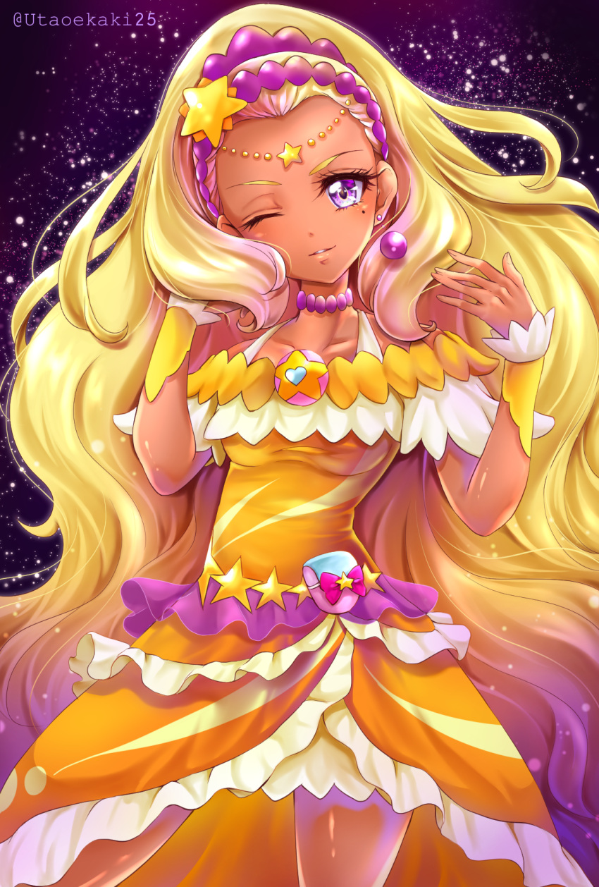 1girl amamiya_erena blonde_hair choker cowboy_shot cure_soleil dress hair_ornament highres long_hair looking_at_viewer magical_girl mole mole_under_eye one_eye_closed orange_dress parted_lips precure shiny shiny_skin smile solo standing star star_hair_ornament star_twinkle_precure tan twitter_username uta_(yagashiro25) violet_eyes wrist_cuffs