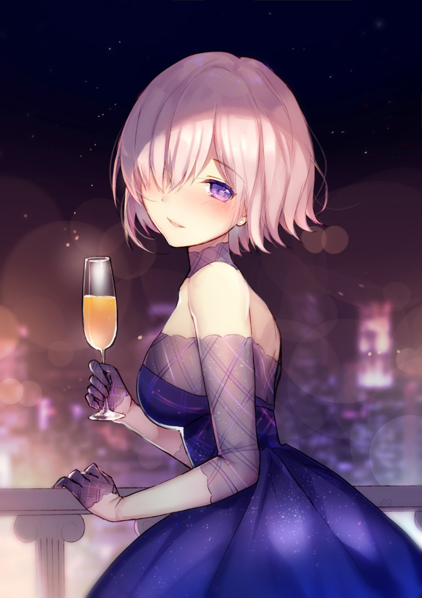 1girl bangs bare_shoulders bison_cangshu blue_dress blurry blurry_background blush breasts champagne_flute commentary_request cup depth_of_field dress drink drinking_glass earrings eyebrows_visible_through_hair fate/grand_order fate_(series) gloves grey_gloves hair_between_eyes half_gloves highres holding holding_cup jewelry large_breasts looking_at_viewer looking_to_the_side mash_kyrielight night outdoors parted_lips pink_hair pleated_dress railing revision short_hair smile solo strapless strapless_dress stud_earrings violet_eyes