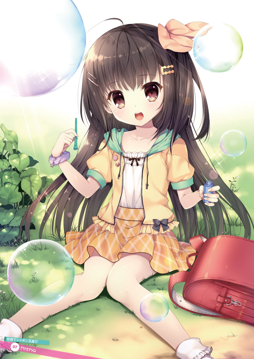 1girl :d absurdres ahoge artist_name backpack bag bangs blush bobby_socks brown_eyes brown_hair bubble drawstring eyebrows_visible_through_hair feet_out_of_frame flower grass hair_ornament hairclip highres holding hood hood_down hooded_jacket jacket knees_together_feet_apart long_hair looking_at_viewer mitha on_grass open_clothes open_jacket open_mouth orange_skirt original polka_dot puffy_short_sleeves puffy_sleeves purple_scrunchie randoseru round_teeth scrunchie short_sleeves skirt smile socks solo sparkle teeth upper_teeth very_long_hair white_camisole white_flower white_legwear wrist_scrunchie yellow_jacket