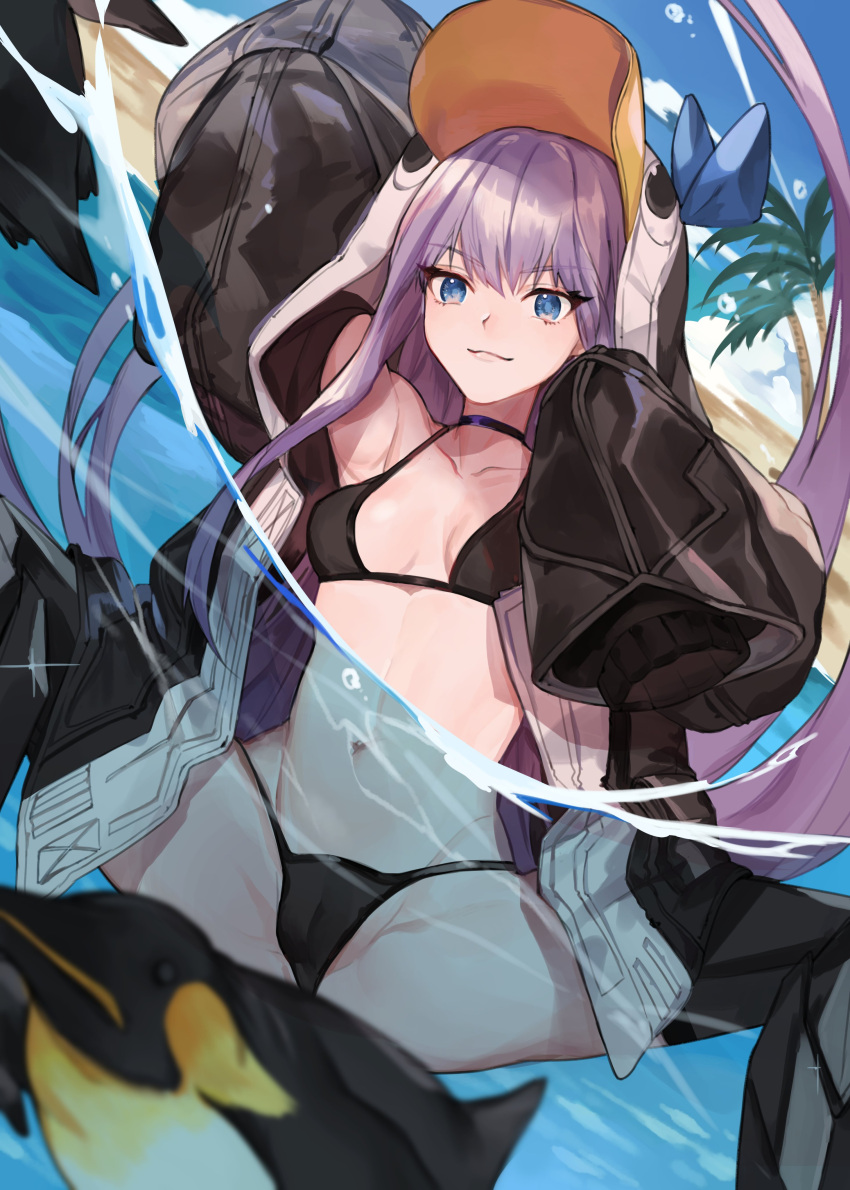 1girl absurdres animal_costume animal_hood bikini bird breasts fate/grand_order fate_(series) highres hood looking_at_viewer meltryllis meltryllis_(swimsuit_lancer)_(fate) muunai navel penguin penguin_costume penguin_hood purple_hair sky sleeves_past_fingers sleeves_past_wrists small_breasts smile solo spread_legs swimsuit thighs tree