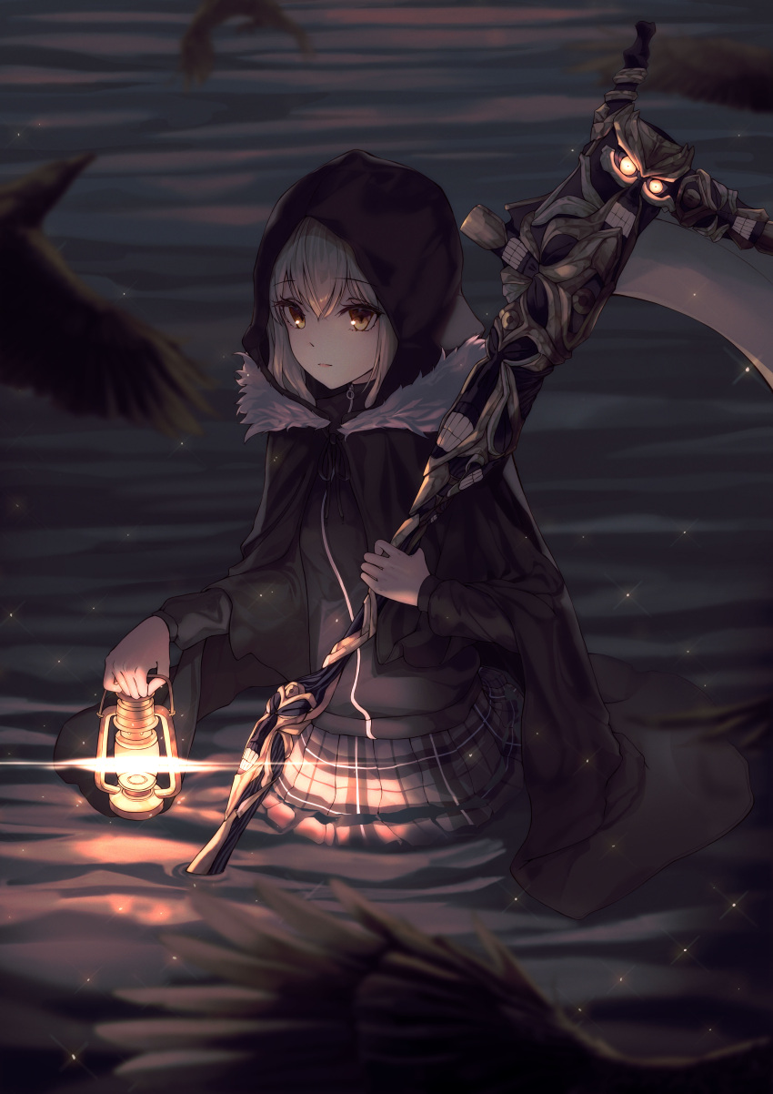 1girl absurdres bangs bird cape cloak commentary_request eyebrows_visible_through_hair fate/grand_order fate_(series) fur_trim gray_(lord_el-melloi_ii) green_eyes grey_hair hair_between_eyes highres holding holding_scythe hood hood_up ita_(itta) lamp long_hair long_sleeves looking_at_viewer lord_el-melloi_ii_case_files scythe short_hair skirt solo water